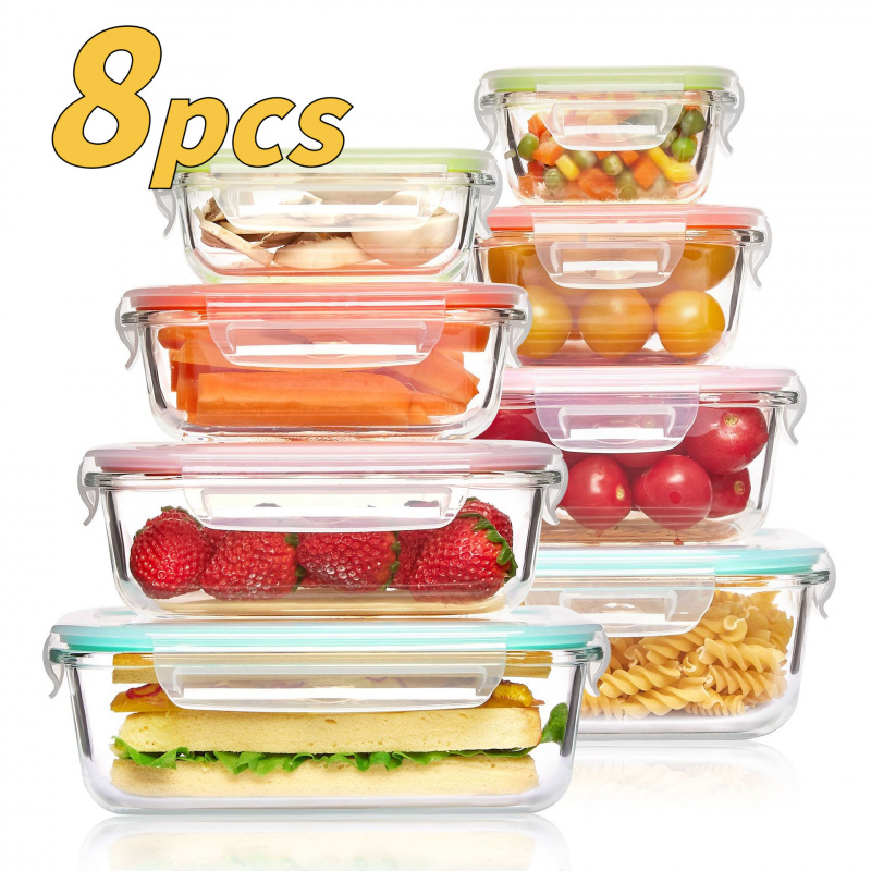 Meal Prep Glass Containers Oven Safe - 8-delige verzegelde glazen voedselbewaarbox, lekvrij, met